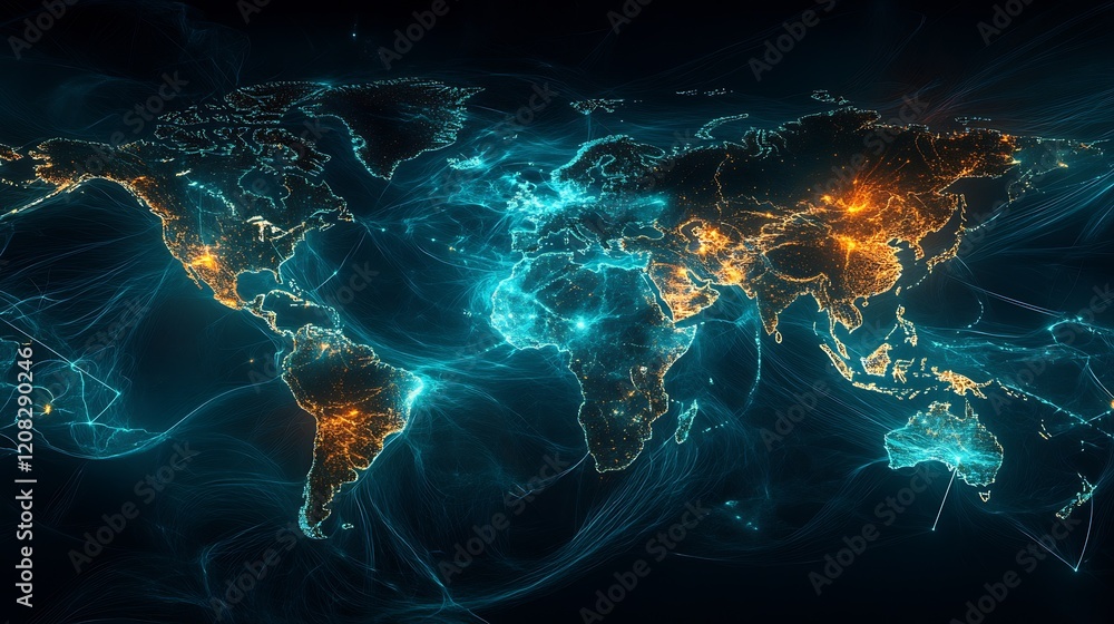 Fototapete abstract digital world map with global illumination lines and connectivity : generative ai