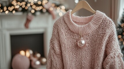 Cozy Pink Christmas Sweater Hanging by Fireplace