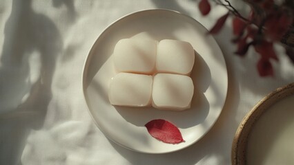 Four Pieces of Korean Rice Cake Tteok on White Plate with Red Petal
