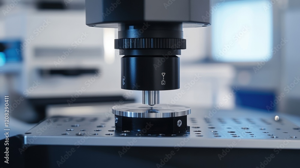 Poster hardness testing machine pressing a metal sample in a laboratory setting, performing quality control