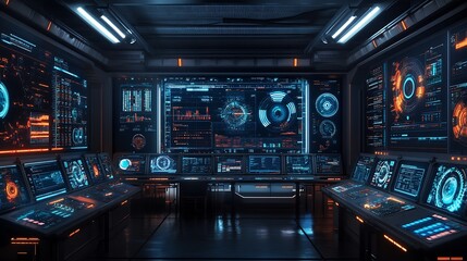 Futuristic Control Room with Advanced Digital Interfaces and Data Visualizations : Generative AI