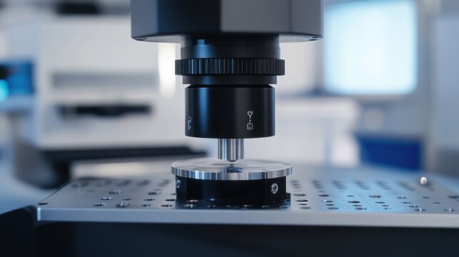 Hardness testing machine pressing a metal sample in a laboratory setting, performing quality control and material analysis for industrial applications