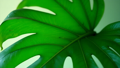 Close-up of vibrant green monstera leaf with detailed texture