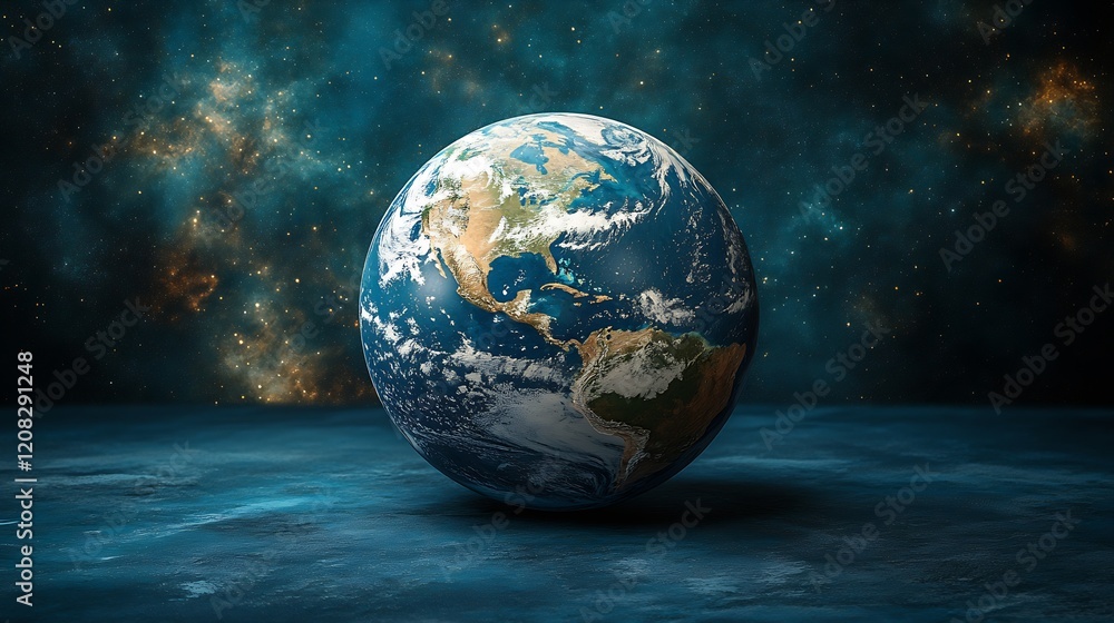 Poster realistic model of earth displayed against a glittering cosmic background : generative ai