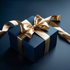 Obraz premium Dark blue gift box with gold satin ribbon on dark background. Top view of birthday gift with copy space