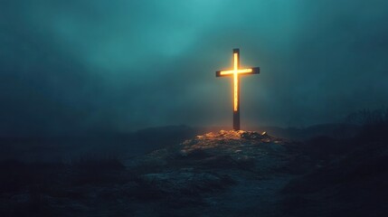 Glowing cross hilltop night fog hope faith