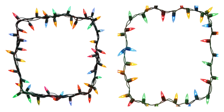 Christmas lights decoration border isolated on transparent background, Set of