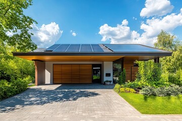 Contemporary carport attached to a single-family home, featuring solar panels on the roof and a wallbox for EV charging. A clean and sustainable design.