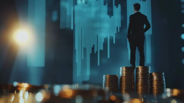 Businessman standing on large stack of coins is watching increasing financial market chart representing investment, savings, trading and financial success