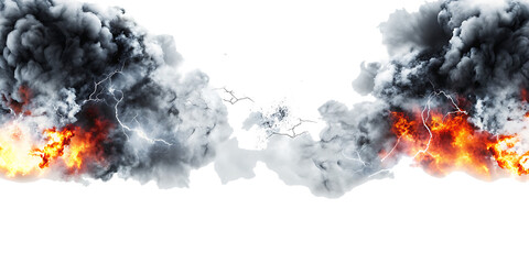 Black smoke storm clouds with fire and lightnings isolated on white background PNG.AI GENERATED