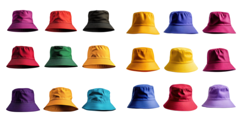Collection of colorful bucket hats isolated on transparent background, PNG die-cut, Set of