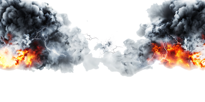 Black smoke storm clouds with fire and lightnings isolated on white background PNG.AI GENERATED