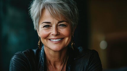 Middle-aged woman with short gray hair and earrings, smiling joyfully against a dark background, exuding confidence, grace, and charm. Perfect for stylish and expressive portrait themes.