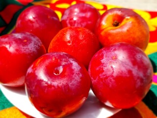 fresh red ripe plums in a bowl

