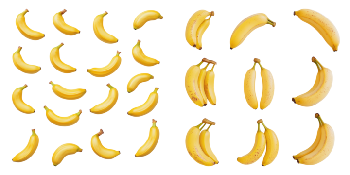 Collection of fresh ripe baby bananas isolated on transparent background, PNG die-cut, Set of