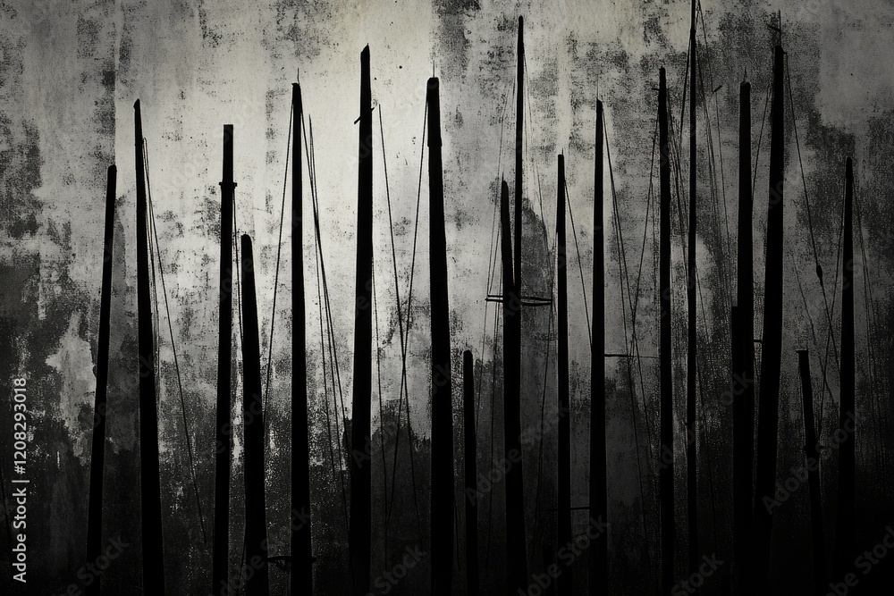 Aufkleber abstract grayscale artwork depicting a series of vertical lines resembling masts against a textured 
