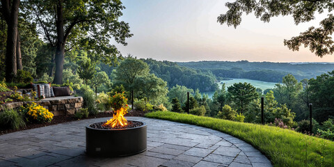 Scenic fire pit patio overlooking lush forest landscape