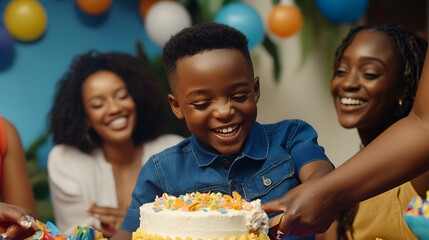 A joyful young boy gleefully cuts into his birthday cake, surrounded by smiling family and friends at a vibrant party. Balloons and decorations add to the festive atmosphere.