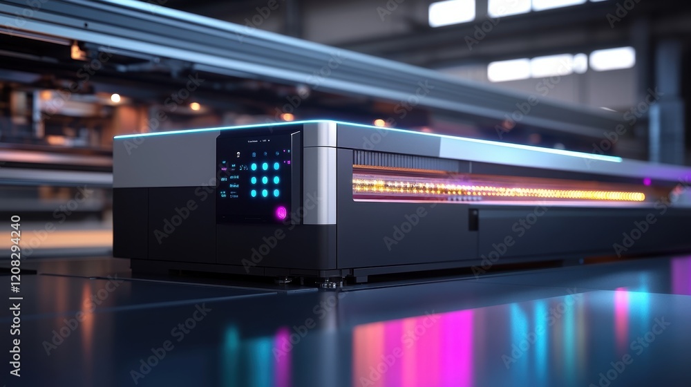 Poster modern printing machine with illuminated display and control panel, operating in a factory setting, 