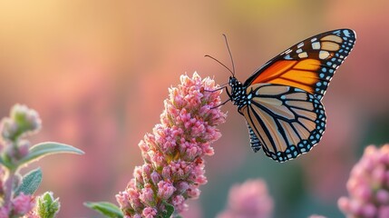 Fototapeta premium Monarch Butterfly on Pink Flower in Golden Hour