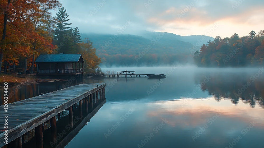 Poster mist-covered lake with wooden dock and autumn trees in mountain scenery : generative ai