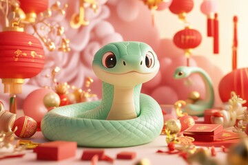 3D illustration of a cute cartoon snake in a pastel matcha green color scheme