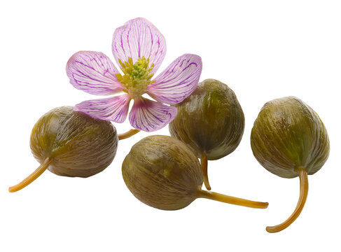 Set of capers, caperberries with a orchid flower blossom decoration, isolated image on transparent background