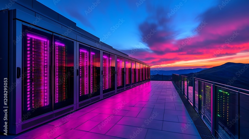 Leinwandbilder modern data center with illuminated servers at sunset in scenic mountain location : generative ai