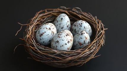 Obraz premium Easter nest with speckled eggs on black background for spring decor