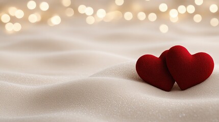 Fototapeta premium Two vibrant red hearts set against a soft beige backdrop illuminated by bokeh lights, perfect for Valentine's Day messages and designs