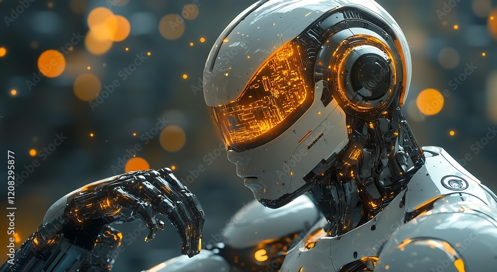 Aufkleber Futuristic Robot in Thought Surrounded by Glowing Orange Lights : Generative AI