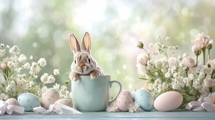 Adorable bunny in cup surrounded by easter eggs and spring flowers