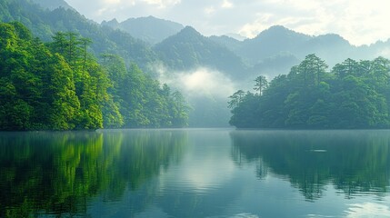 Naklejka premium Misty Mountain Lake Serenity: A Breathtaking View of Nature's Tranquility
