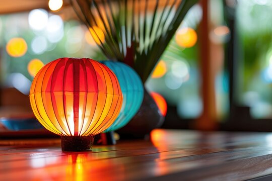 Ramadan fanus in hues of red and orange rests on a wooden table with copy space. Lantern Casting a warm glow, while other decorative elements enhance the lively ambiance of the gathering