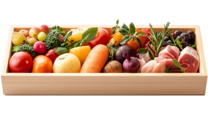 A vibrant selection of fresh vegetables and delicacies arranged neatly in a wooden box, showcasing the beauty and variety of nature's bounty in a colorful presentation.