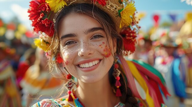 A cheerful young woman dressed in traditional St. David's day holiday attire enjoys a lively festival atmosphere surrounded by cultural decorations and people, radiating happiness under the sun