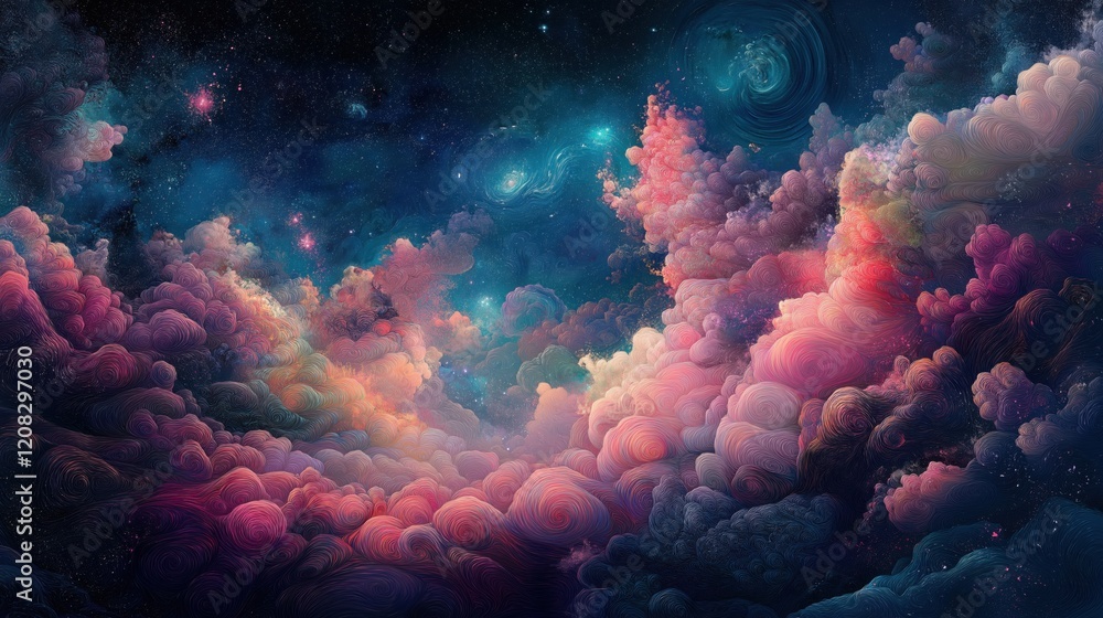 Wall mural colorful abstract cosmic clouds with celestial patterns in starry sky