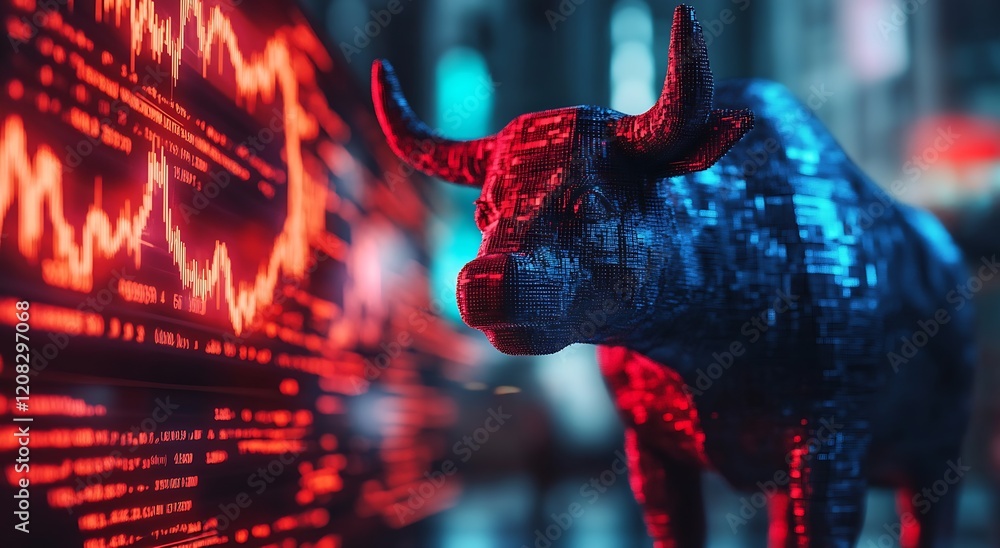 Poster Digital Bull Surrounded by Stock Market Data Visual Effects : Generative AI