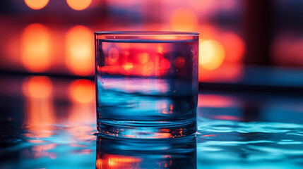 A clear glass of water with light reflecting on its surface symbolizing clarity and purity with a modern blurred background and empty space for caption at the bottom under backlighting from above

