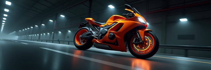 A sleek orange sports motorcycle showcased in a dimly lit tunnel, highlighting its speed and modern design. Perfect for automotive, sports, and travel themes.