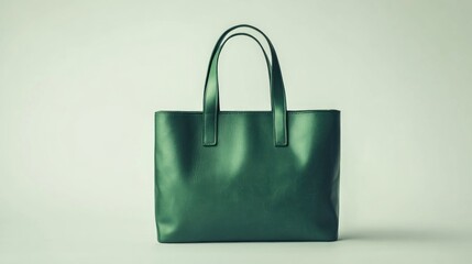 Green leather tote bag studio shot, minimalist background, fashion accessory