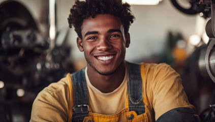 A young man wearing yellow overalls flashes a bright smile while seated in a workshop. The background is filled with various tools and machinery, reflecting a vibrant work environment.