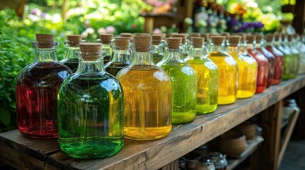 Colorful potions displayed at outdoor market