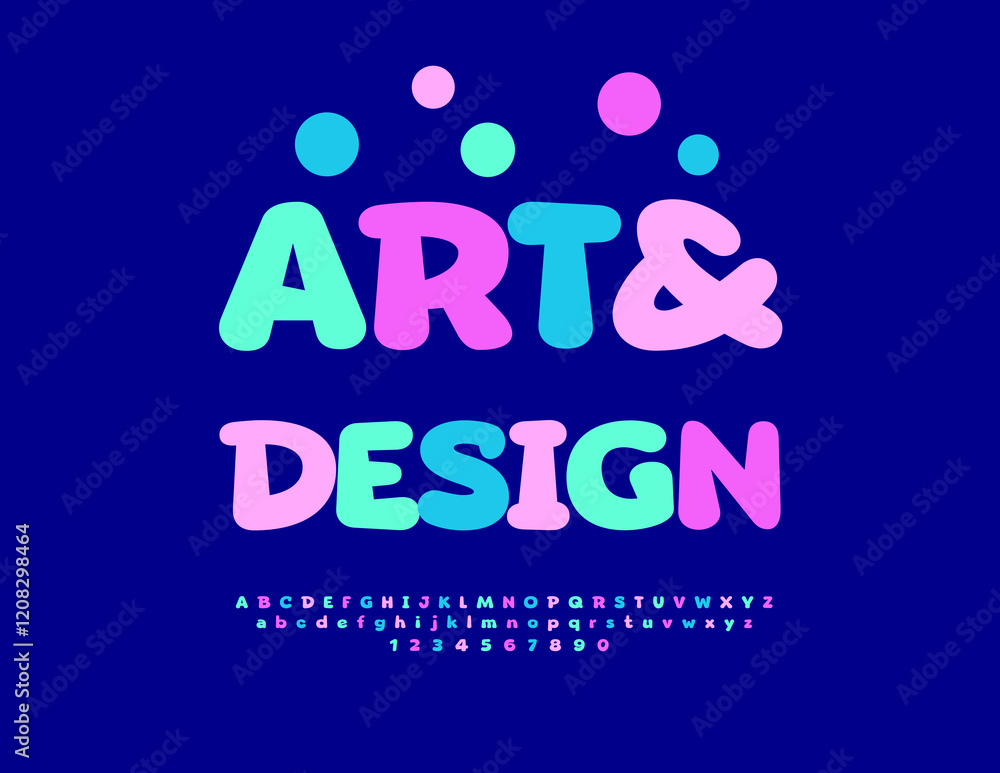 Poster vector festive emblem art and design with colorful font. joyful funny alphabet letters and numbers s