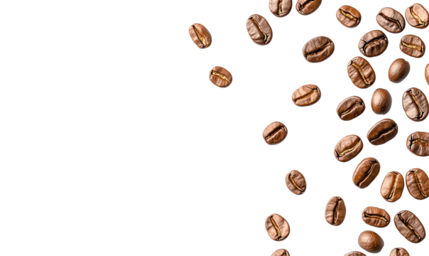 A close-up view of roasted coffee beans scattered on a dark background, showcasing their rich texture and color, ideal for coffee-related themes and culinary projects.