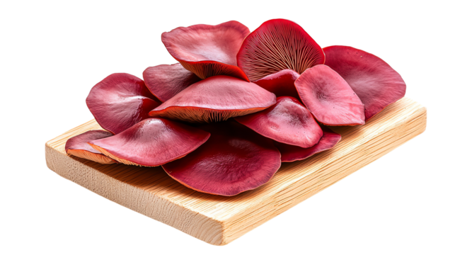 Vibrant red vegetable petals arranged neatly on a wooden cutting board, showcasing their unique texture and color. Perfect for culinary use or decorative presentations.
