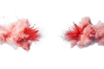 Dynamic red powder cloud splashes collide visually, creating an explosive artistic effect. Perfect for backgrounds or creative designs in various digital applications.