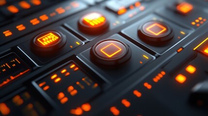 Futuristic control panel featuring glowing orange buttons, indicators, and intricate details, suggesting advanced technology and digital interface in a dark and high tech environment