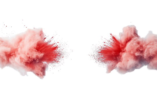 Dynamic red powder cloud splashes collide visually, creating an explosive artistic effect. Perfect for backgrounds or creative designs in various digital applications.