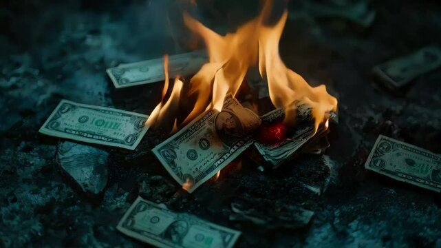 One dollar bills are burning in flames on ashes, creating a dramatic visual representation of financial loss, economic downturn, or hyperinflation